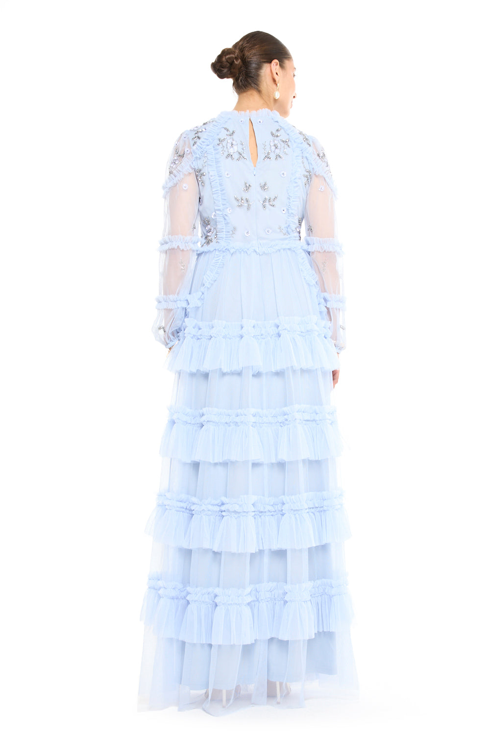 High Neck Tiered Ruffle Gown with Beaded Star Bodice