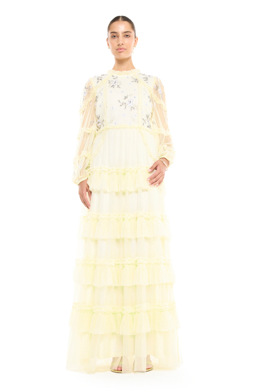 High Neck Tiered Ruffle Gown with Beaded Star Bodice
