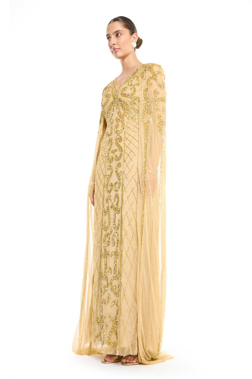 V-Neck Cape Sleeve Gown with Beaded Scroll Embroidery