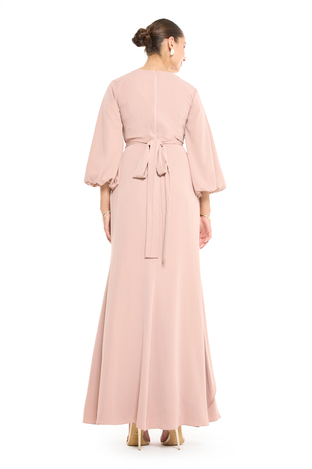 Balloon Sleeve Gown with Beaded Vine Neckline and Wrap Skirt