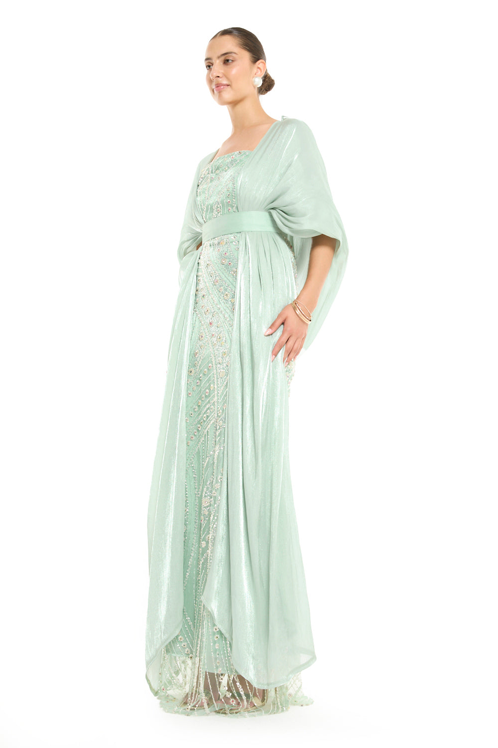 Beaded Wave Pattern Gown with a Cape Sleeve Overlay