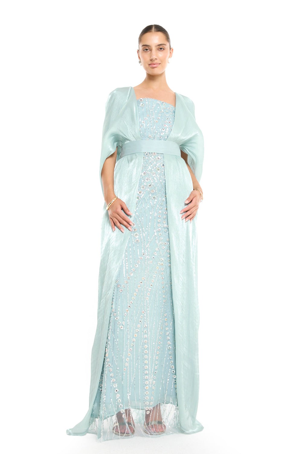 Beaded Wave Pattern Gown with a Cape Sleeve Overlay