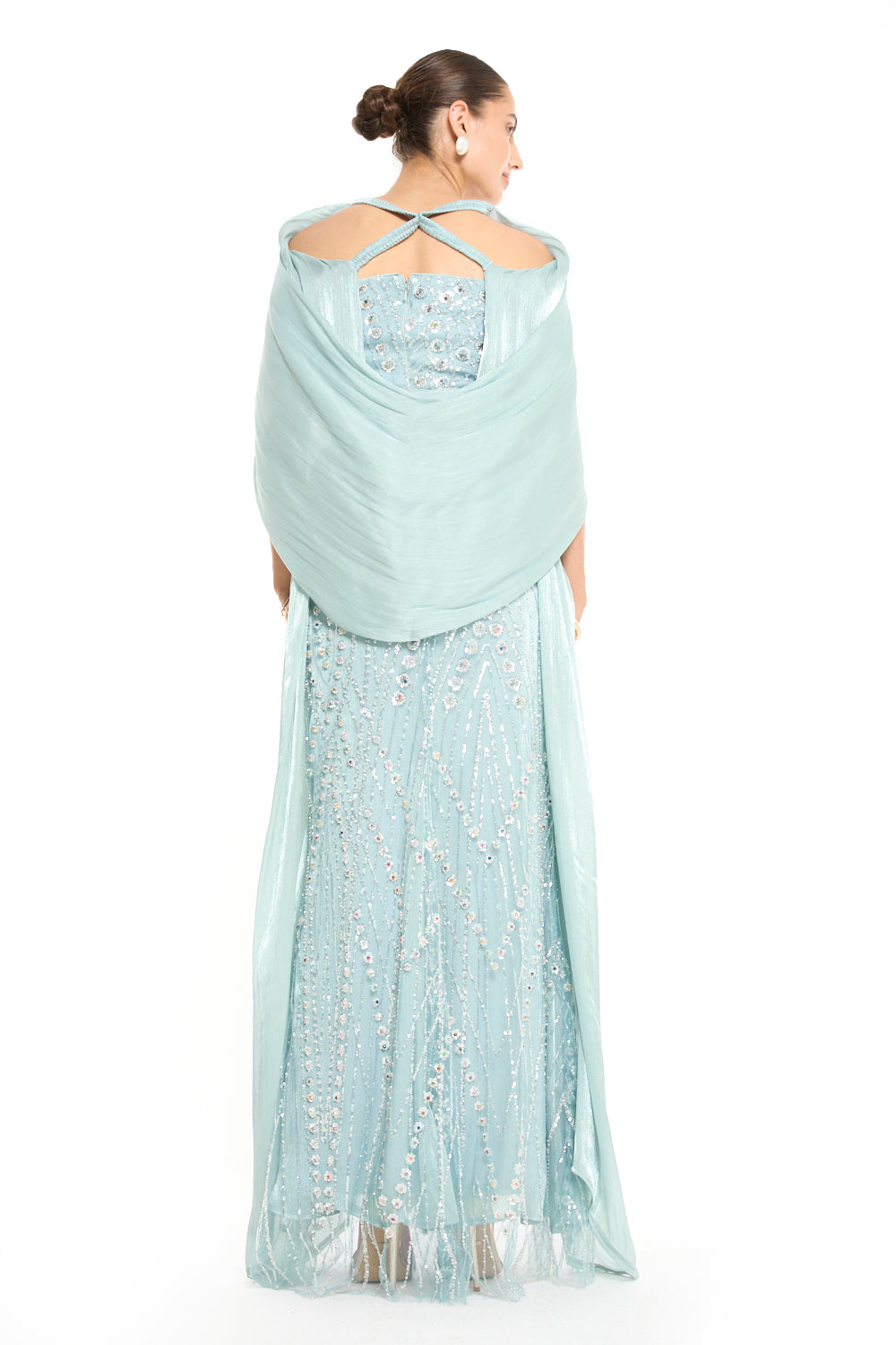 Beaded Wave Pattern Gown with a Cape Sleeve Overlay