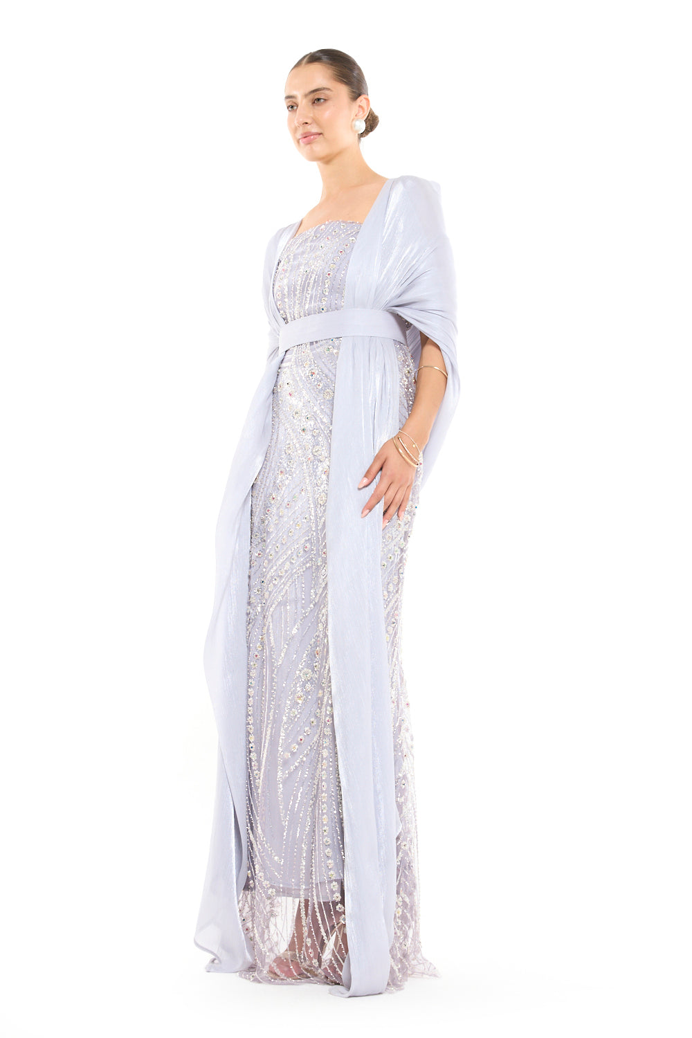 Beaded Wave Pattern Gown with a Cape Sleeve Overlay