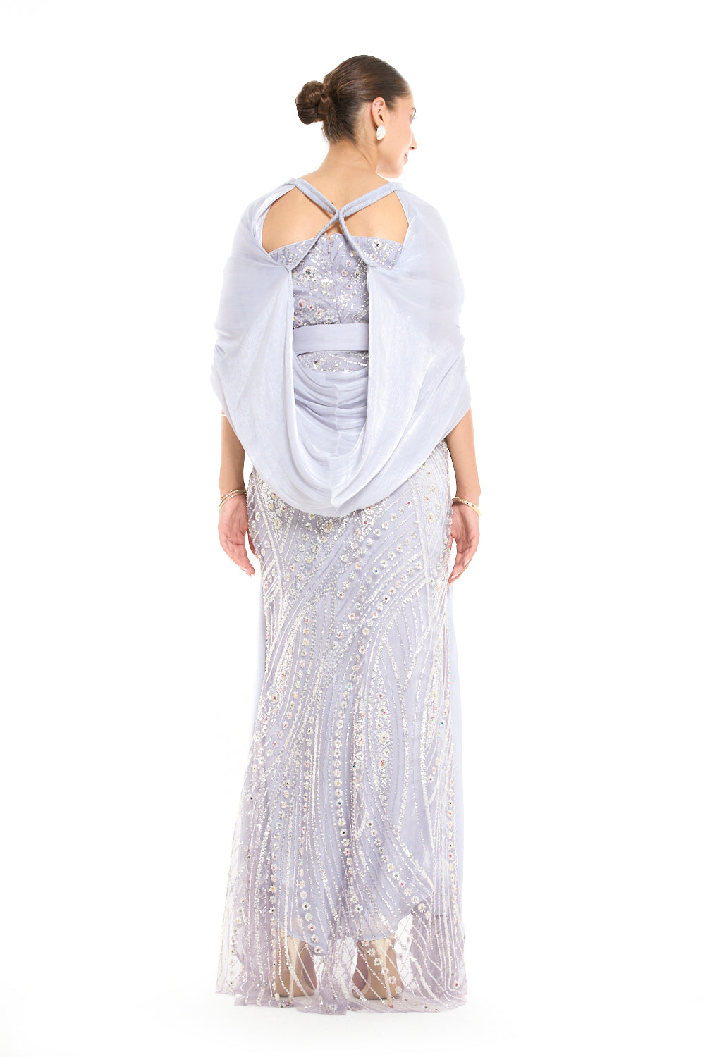 Beaded Wave Pattern Gown with a Cape Sleeve Overlay