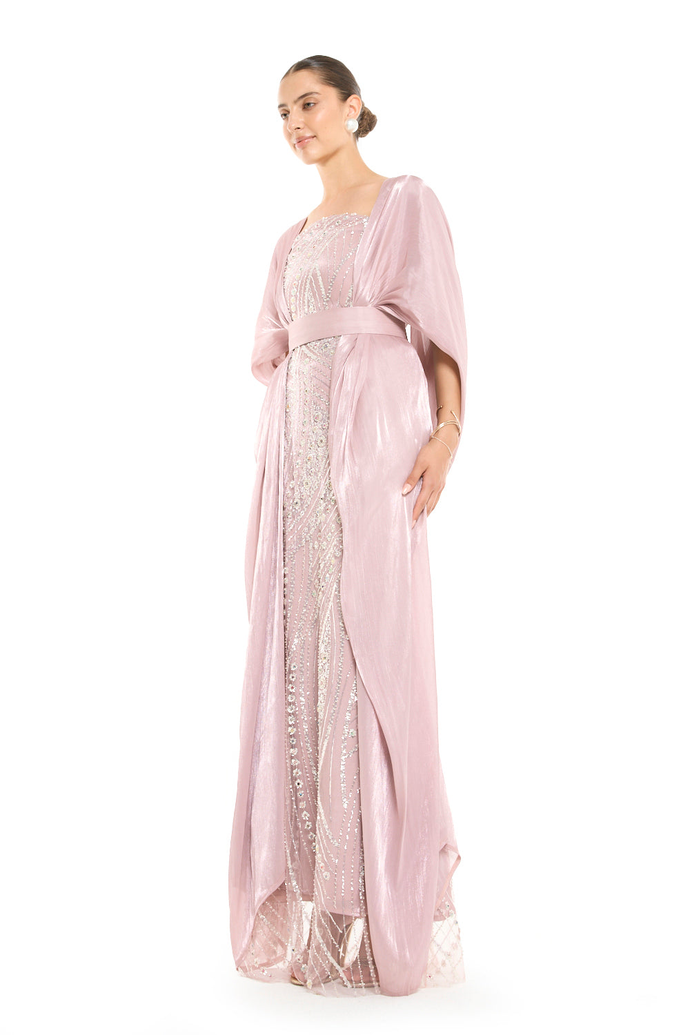 Beaded Wave Pattern Gown with a Cape Sleeve Overlay
