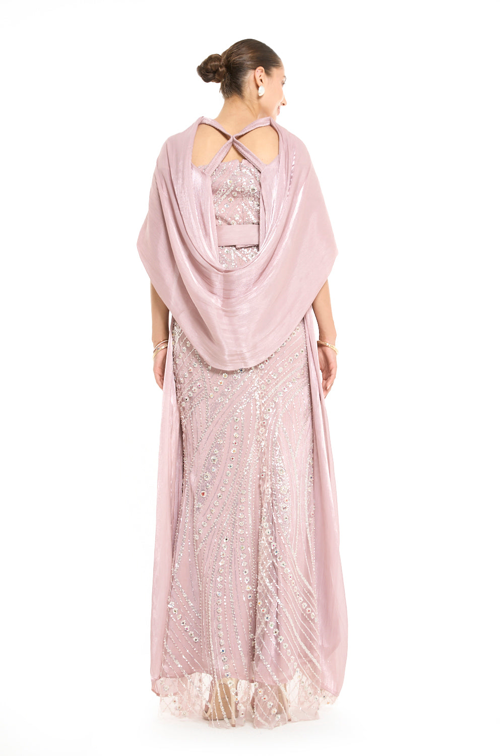 Beaded Wave Pattern Gown with a Cape Sleeve Overlay
