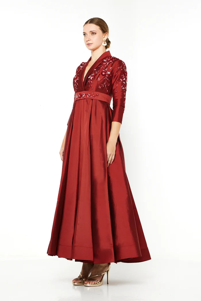 Embroidered Empire-Line Panel Gown