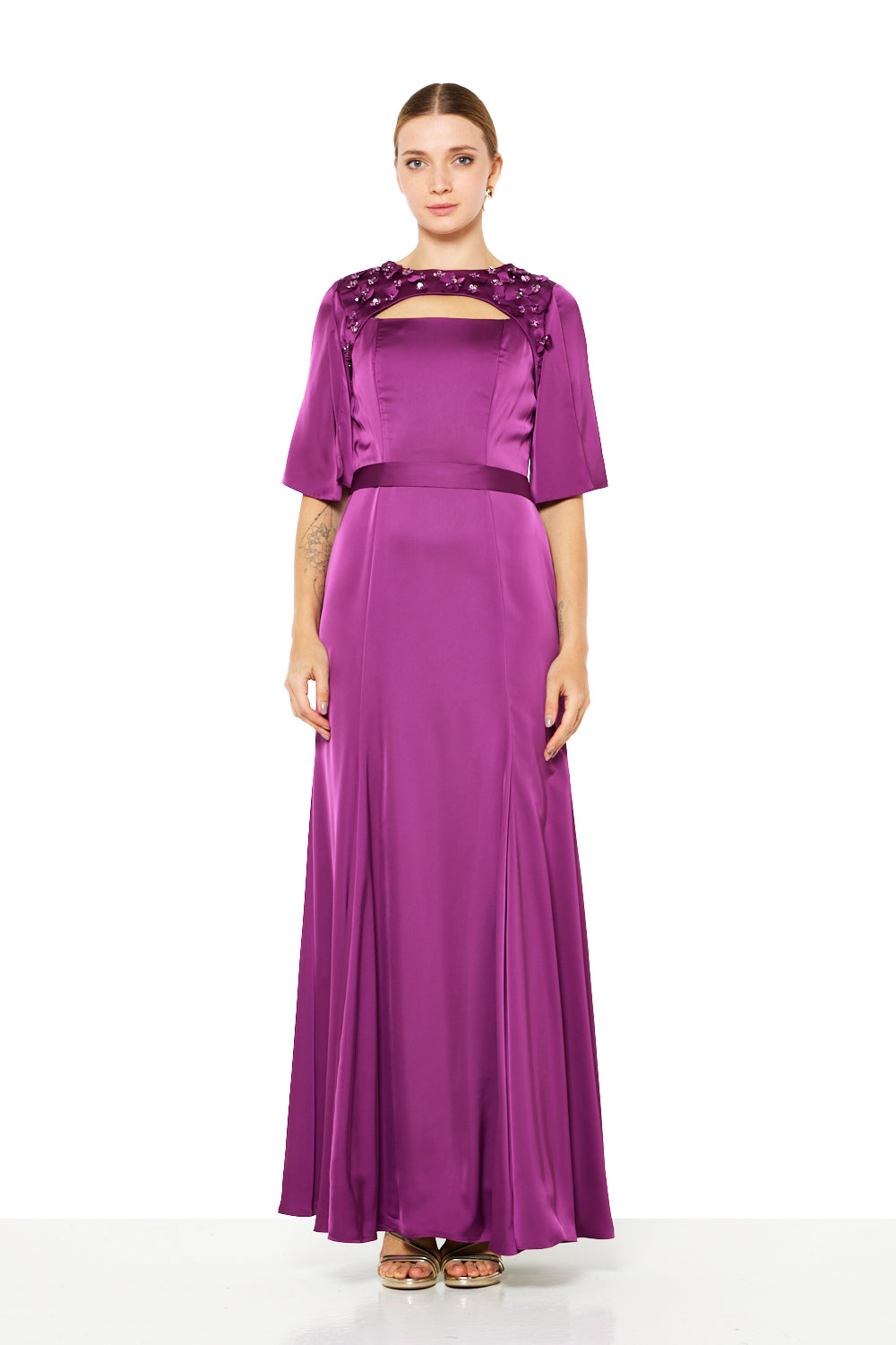 Floral Appliqué Cut-Out Neck Maxi Dress