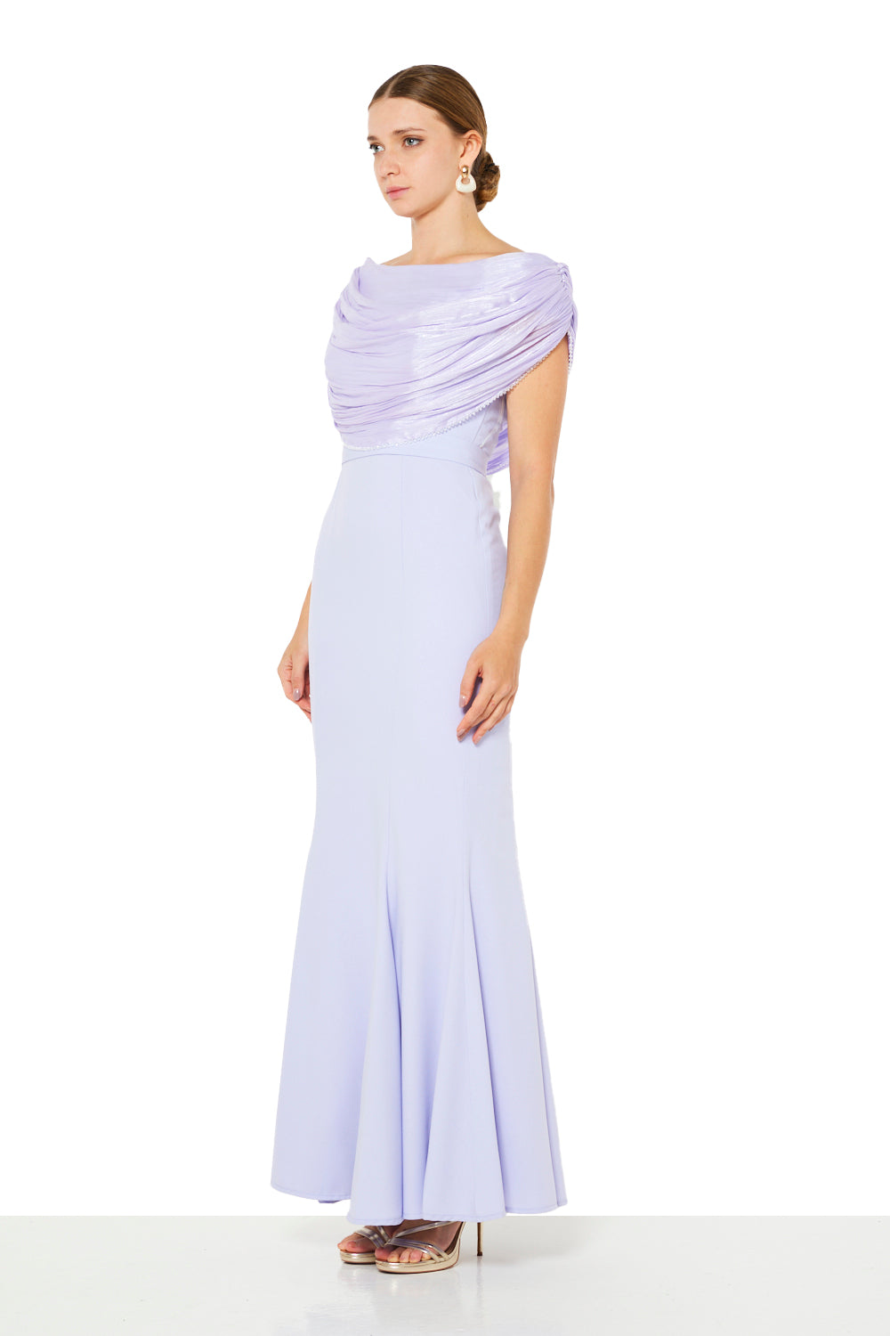 Draped Off-Shoulder Panel Gown