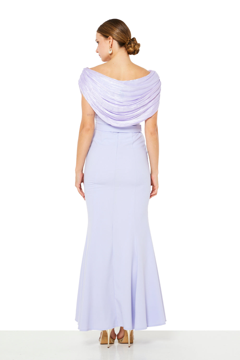 Draped Off-Shoulder Panel Gown