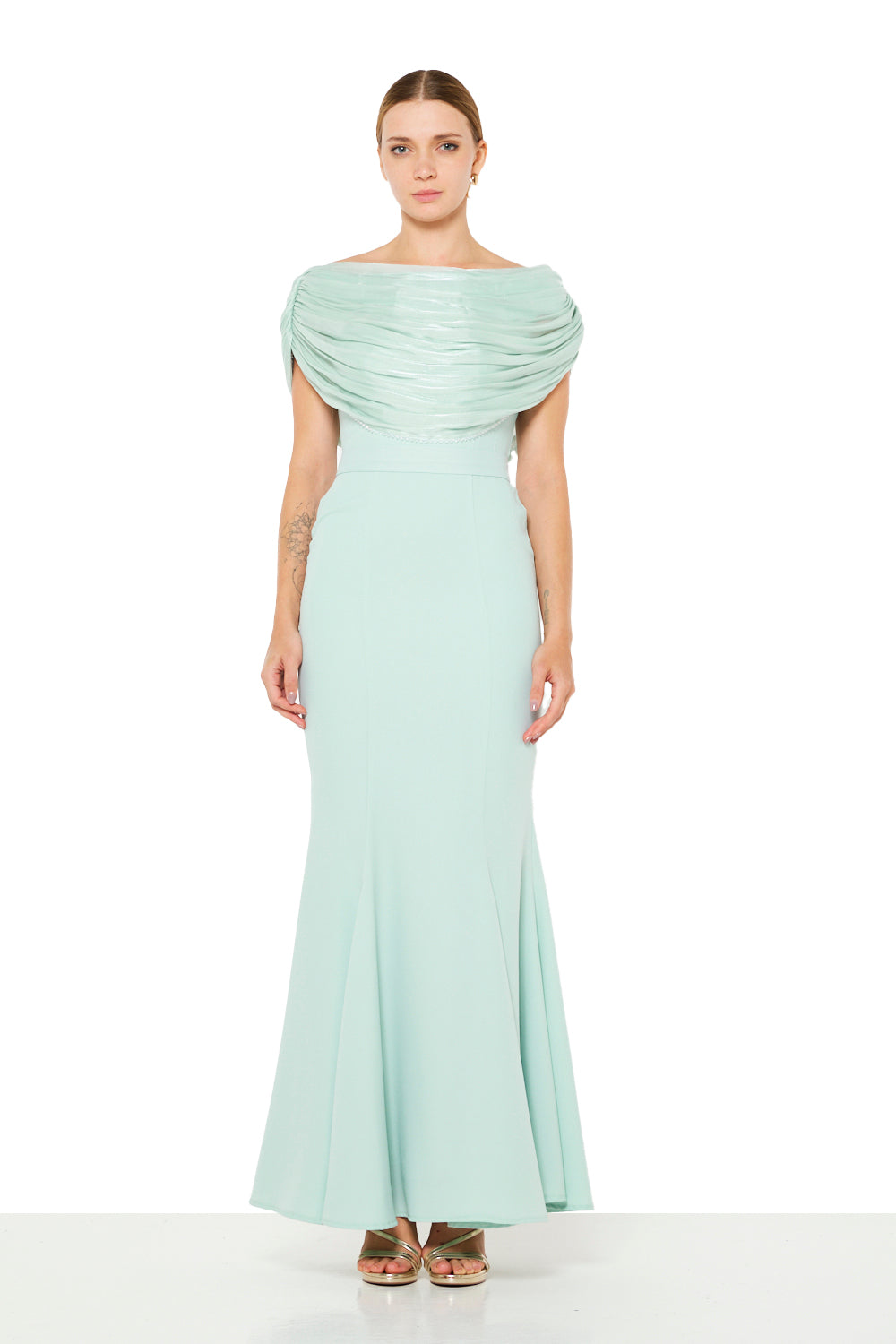 Draped Off-Shoulder Panel Gown
