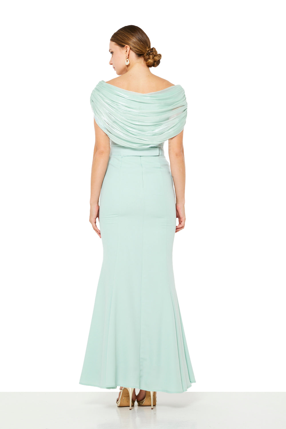 Draped Off-Shoulder Panel Gown