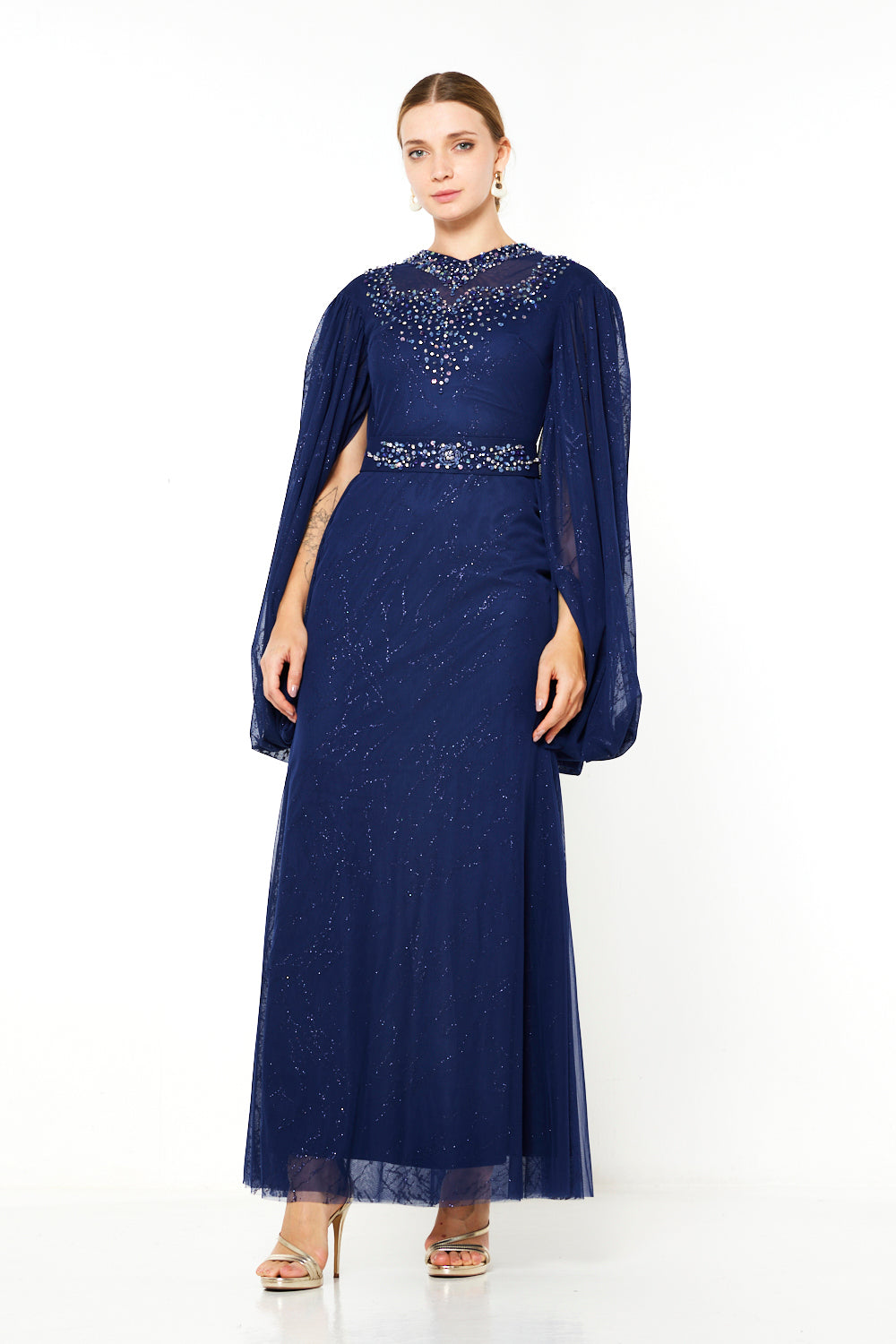 Embellished Cape-Style Gown