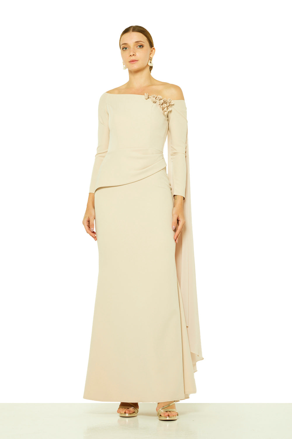 Asymmetric Floral Appliqué Cape Gown