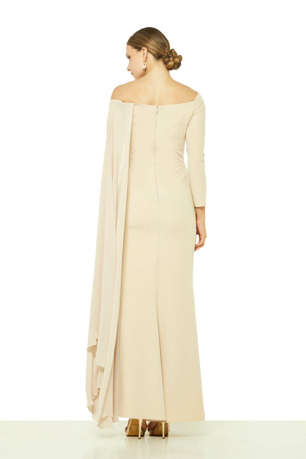 Asymmetric Floral Appliqué Cape Gown