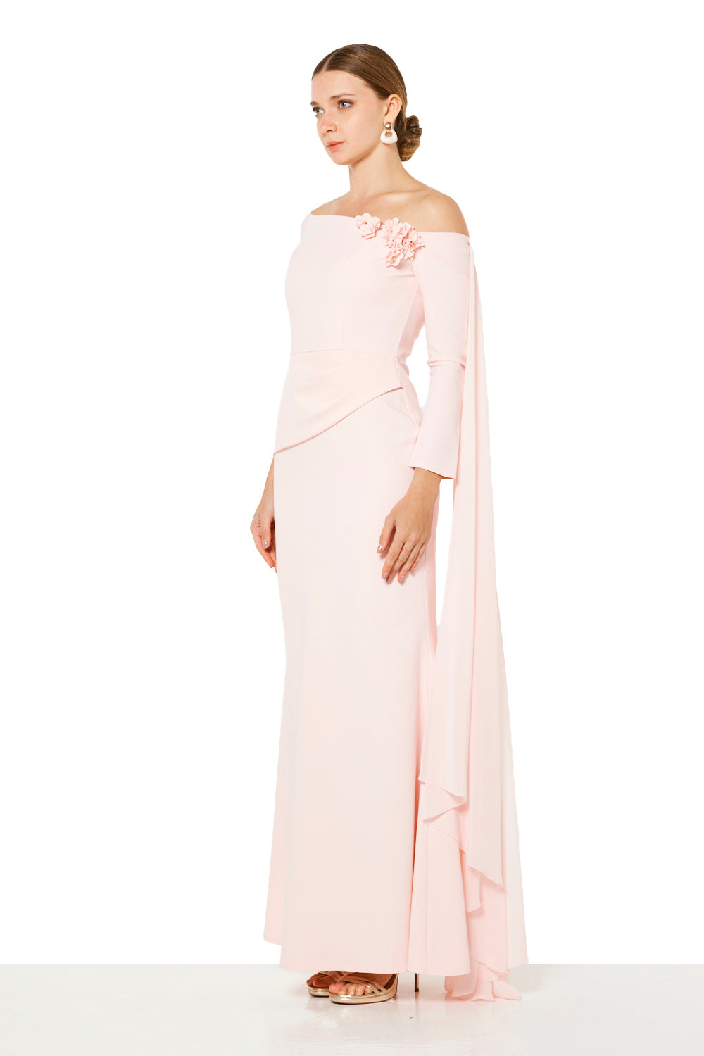 Asymmetric Floral Appliqué Cape Gown