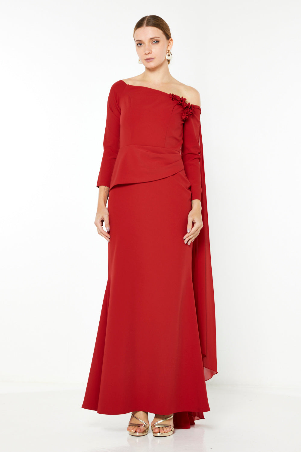 Asymmetric Floral Appliqué Cape Gown