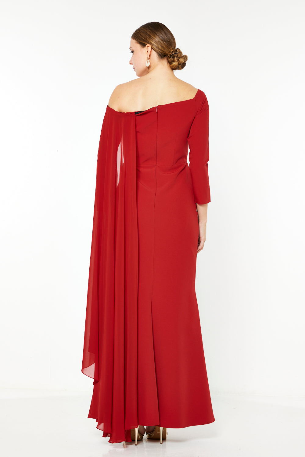Asymmetric Floral Appliqué Cape Gown