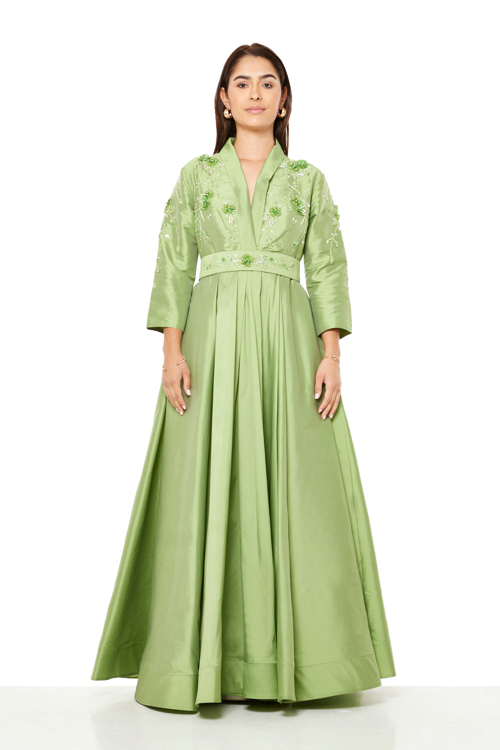Embroidered Empire-Line Panel Gown