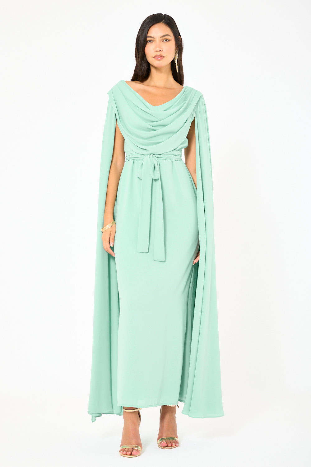 Draped Cowl Neck Cape Flow Gown