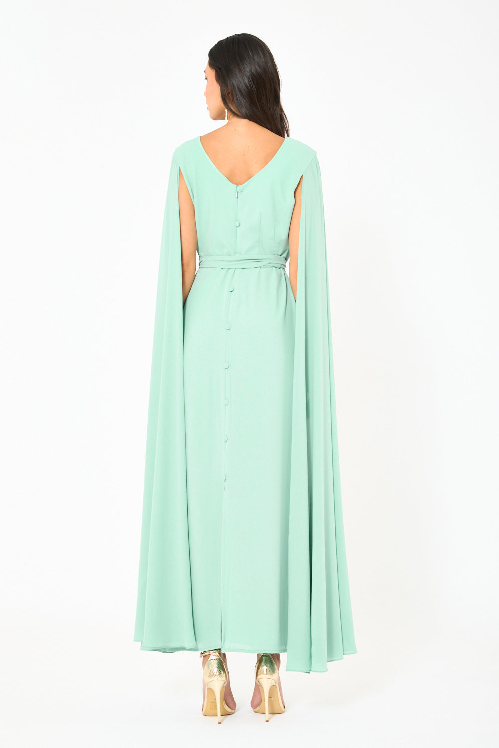 Draped Cowl Neck Cape Flow Gown