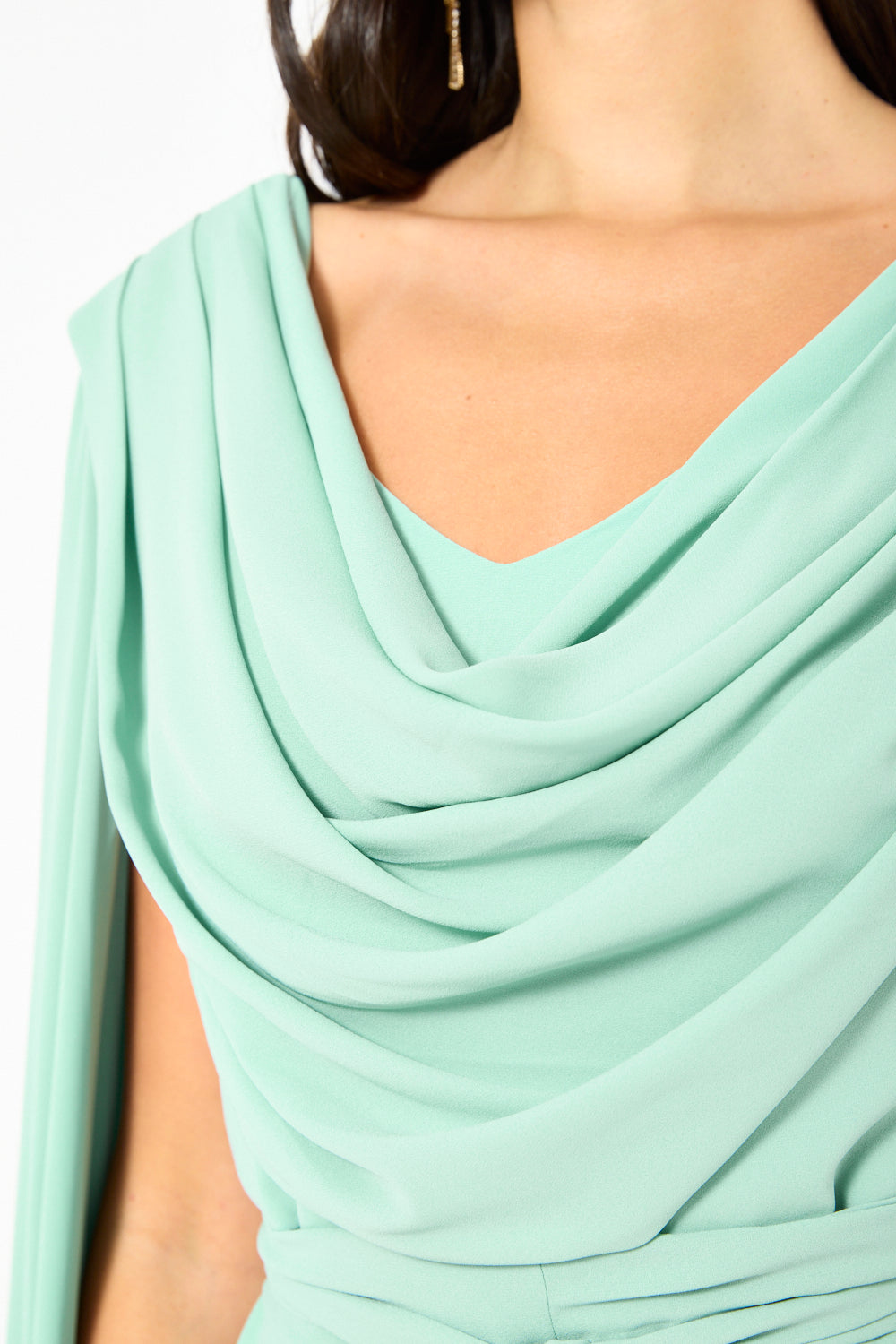 Draped Cowl Neck Cape Flow Gown