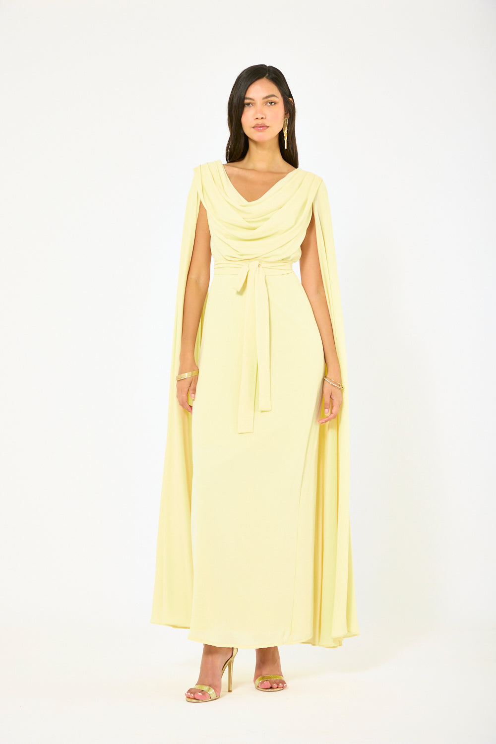 Draped Cowl Neck Cape Flow Gown