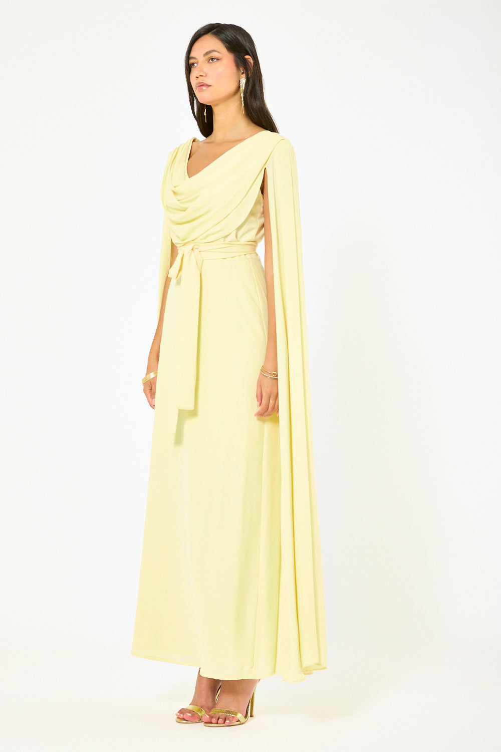 Draped Cowl Neck Cape Flow Gown