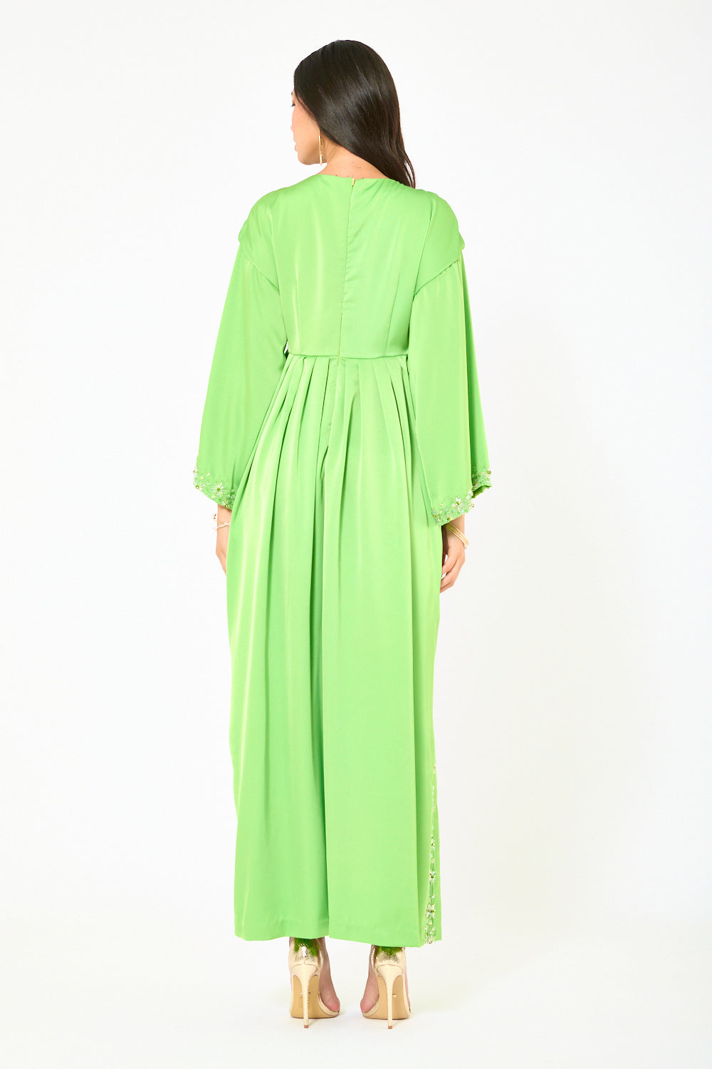 Embellished V-Neck Pleated Dress