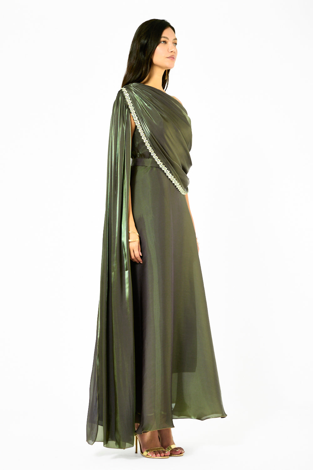 Embellished Drape One-Shoulder Gown