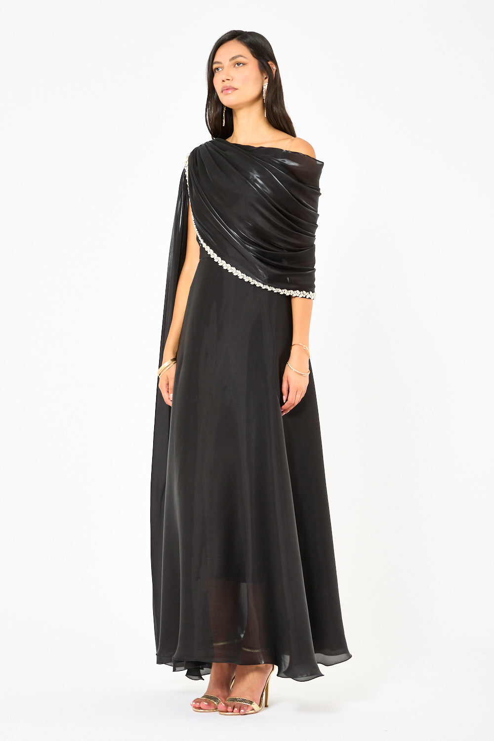 Embellished Drape One-Shoulder Gown