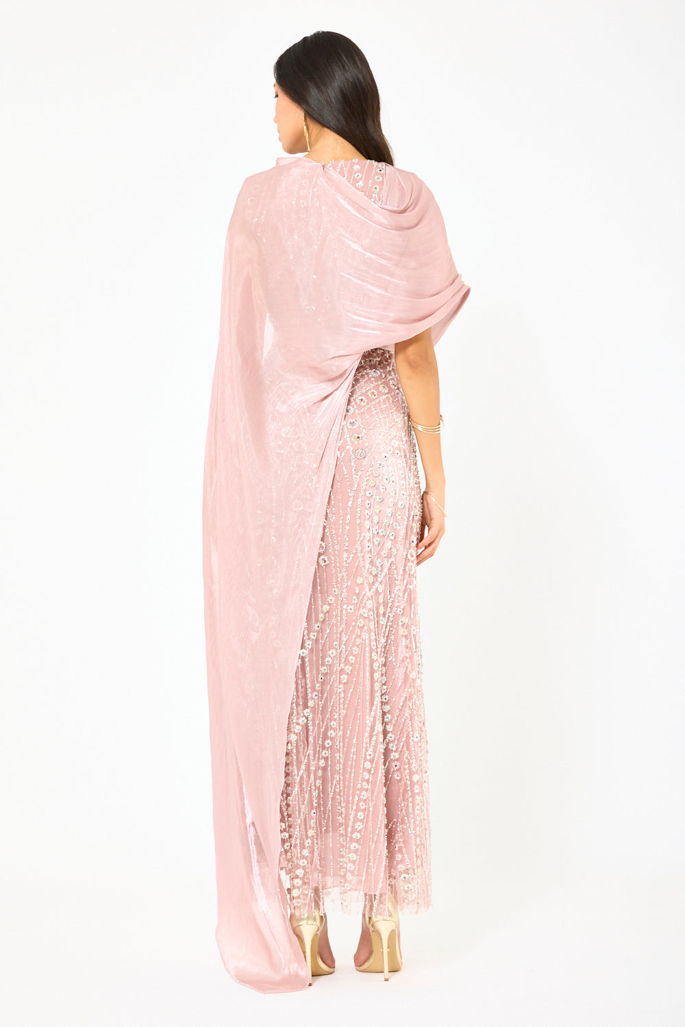 Embellished Drape Cape Gown