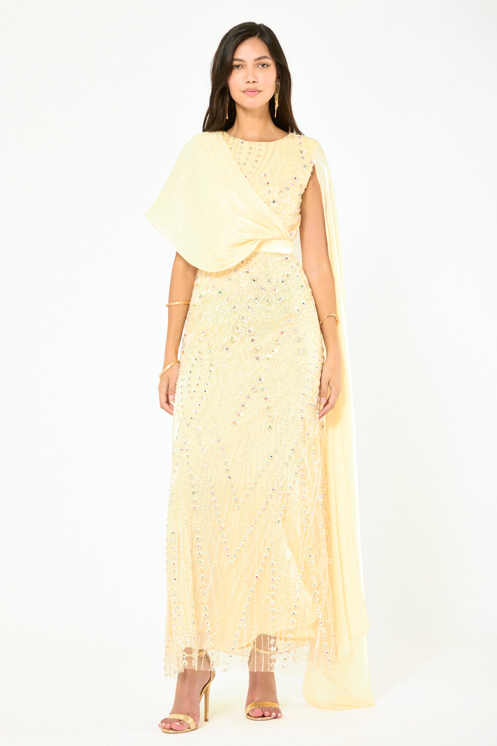 Embellished Drape Cape Gown