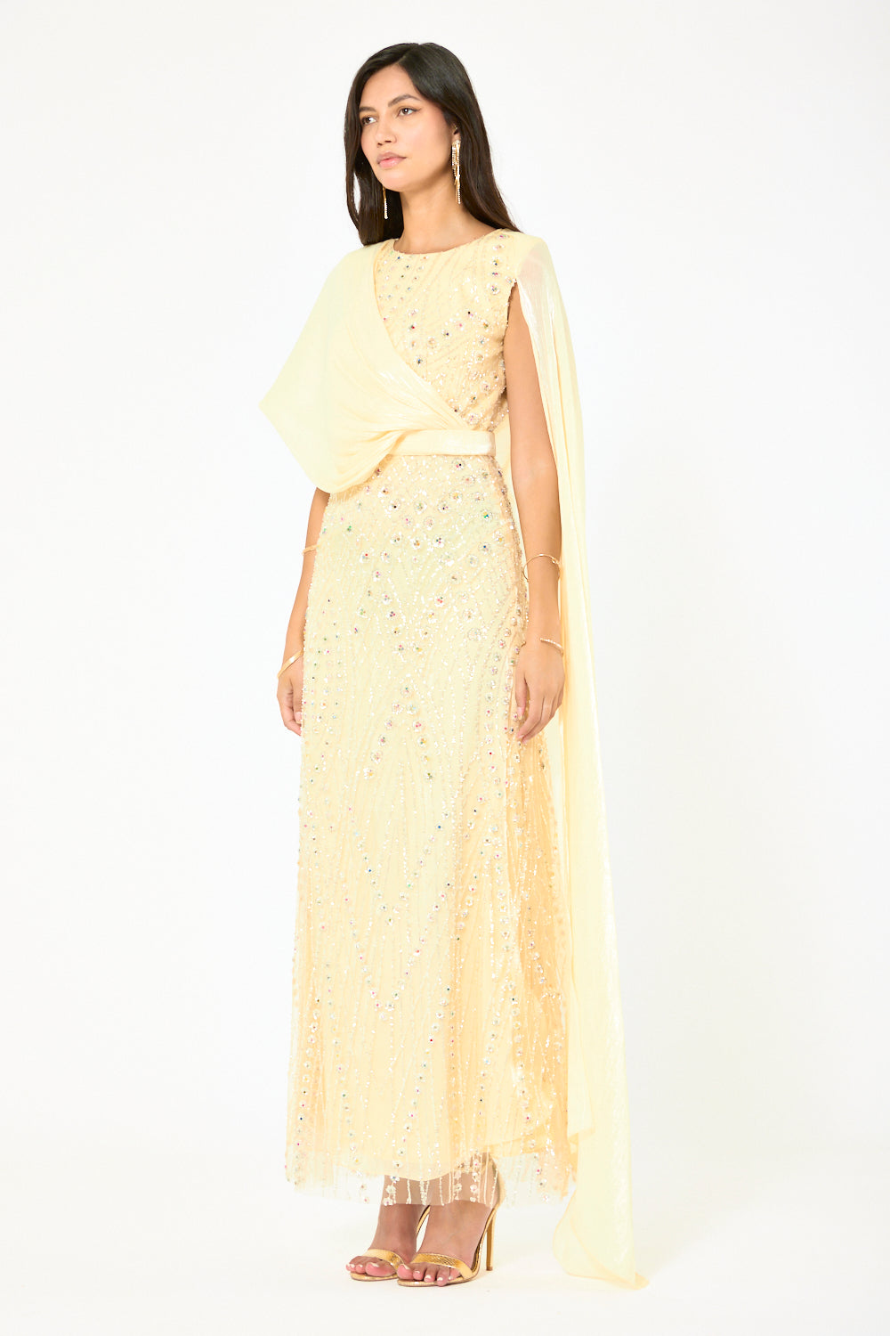 Embellished Drape Cape Gown