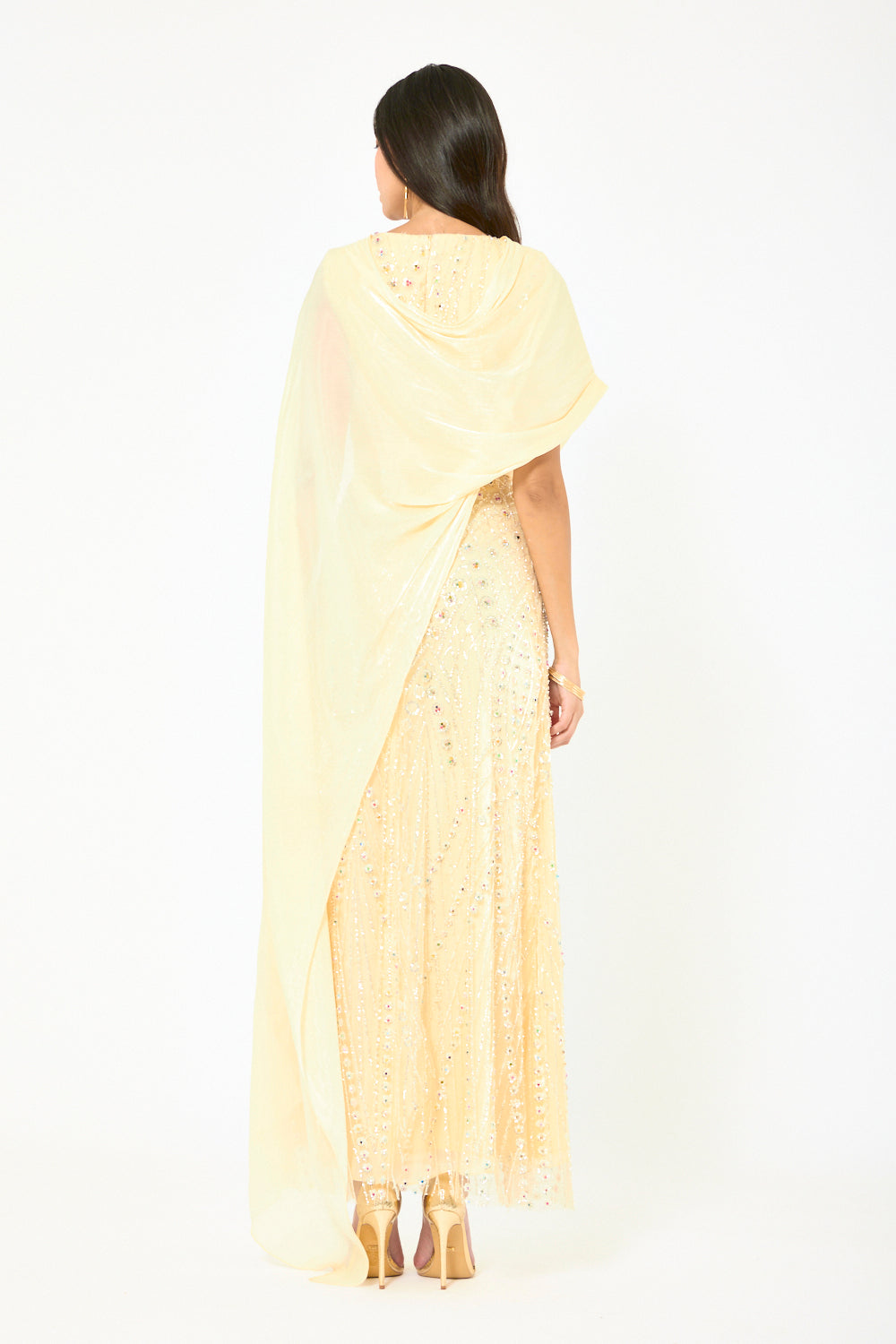 Embellished Drape Cape Gown