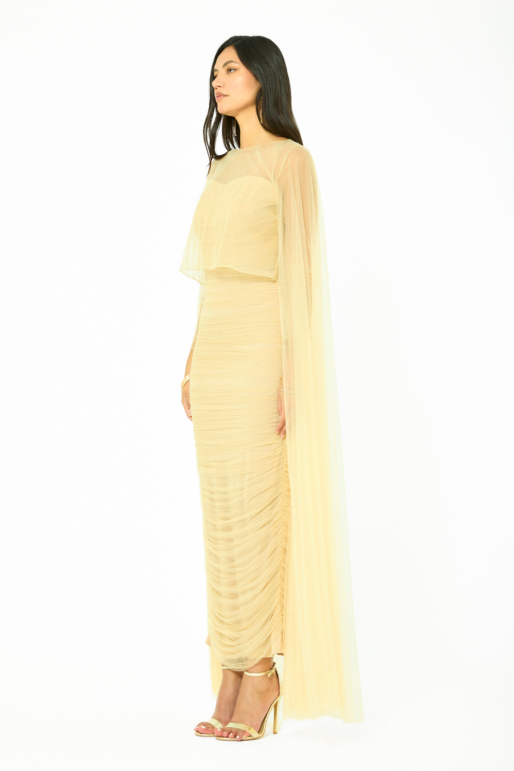 Ruched Sheer Cape Column