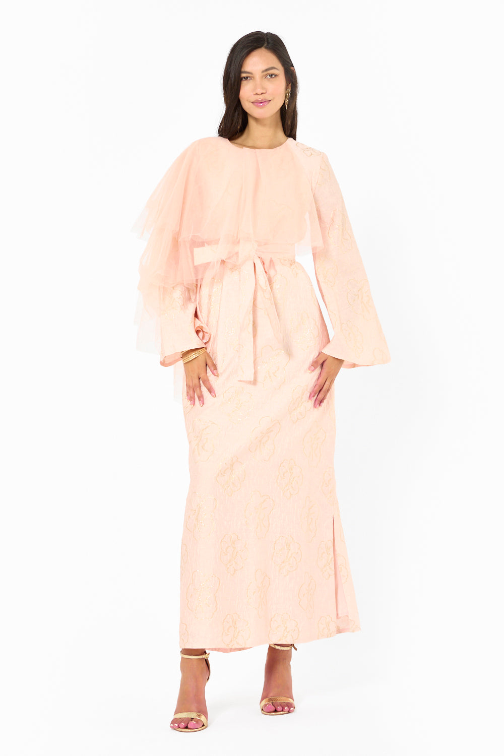 Floral Overlay Asymmetric Cape Dress