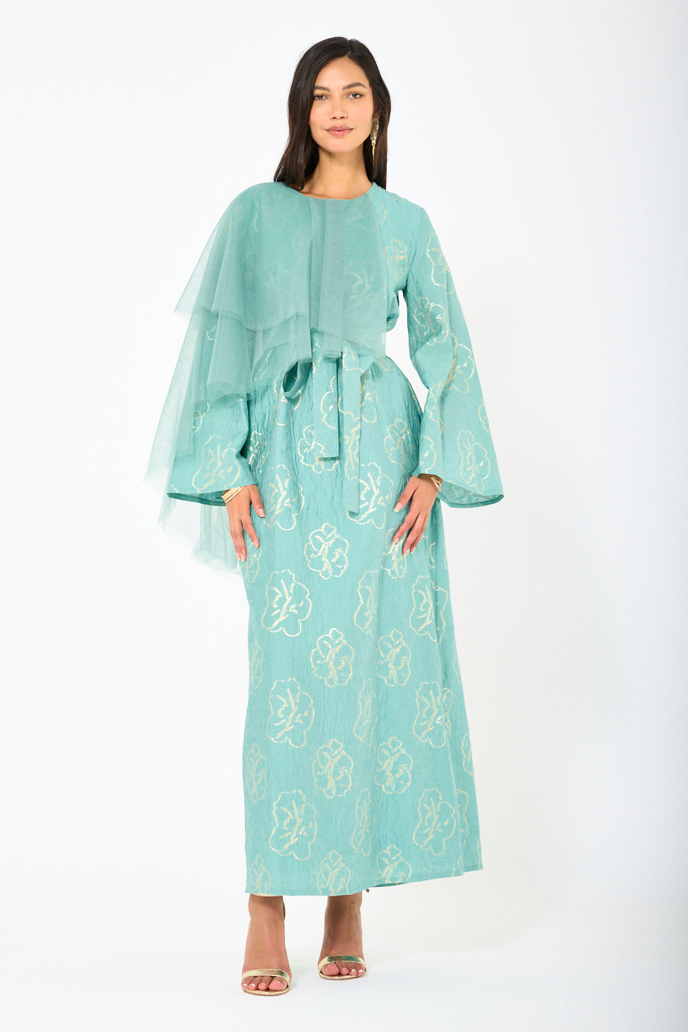 Floral Overlay Asymmetric Cape Dress