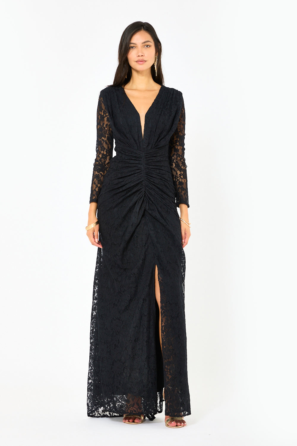 Ruched Lace Deep V Column Dress