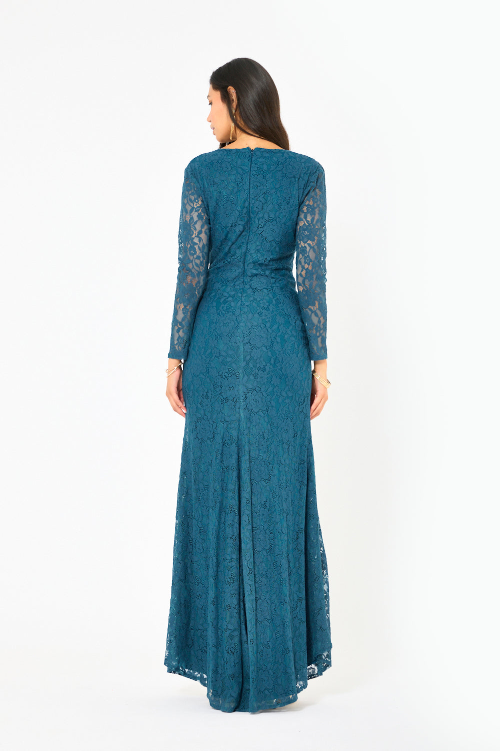 Ruched Lace Deep V Column Dress