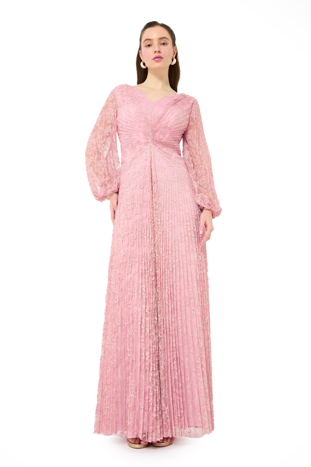 Twist Waist Pleated Lace Gown