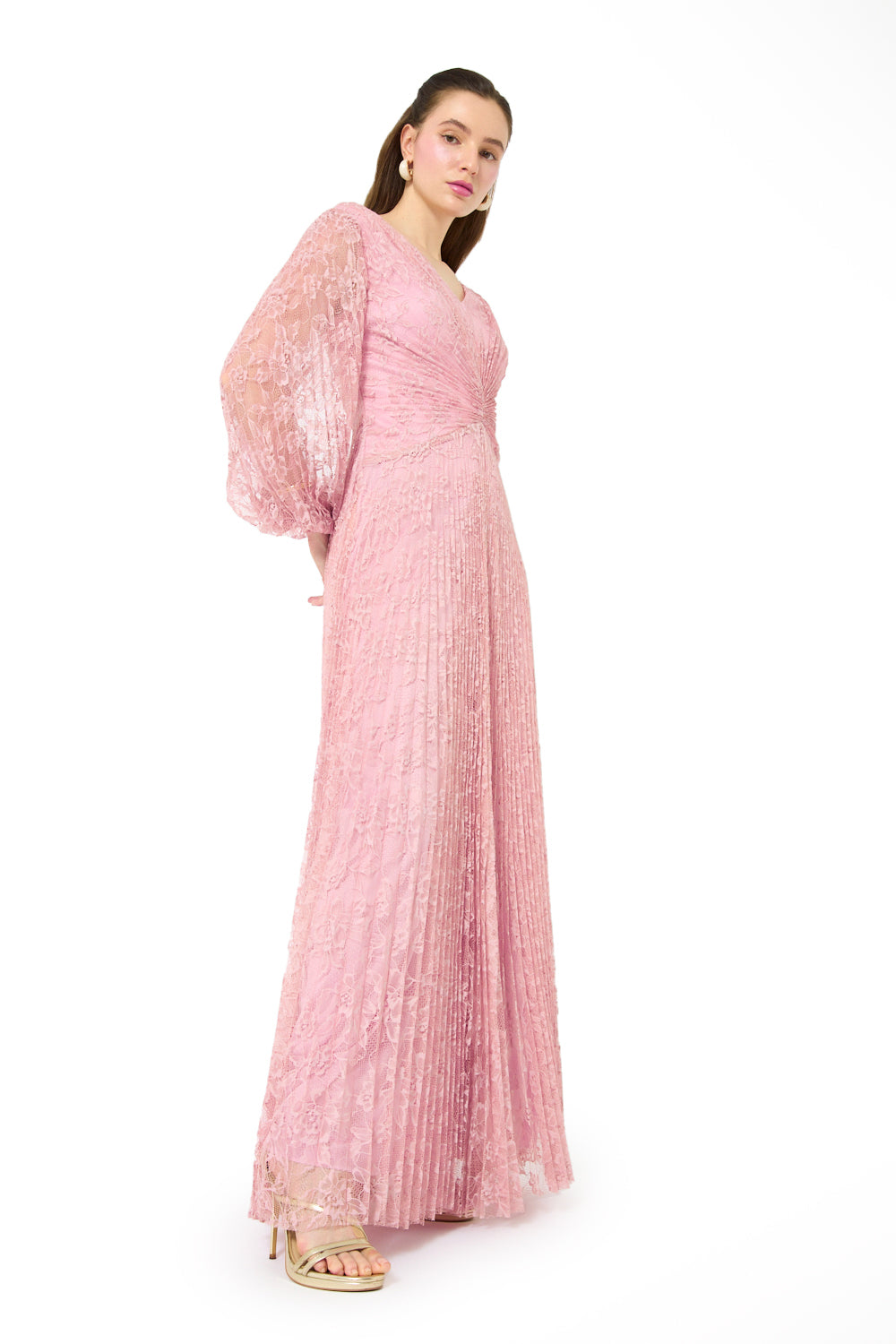 Twist Waist Pleated Lace Gown