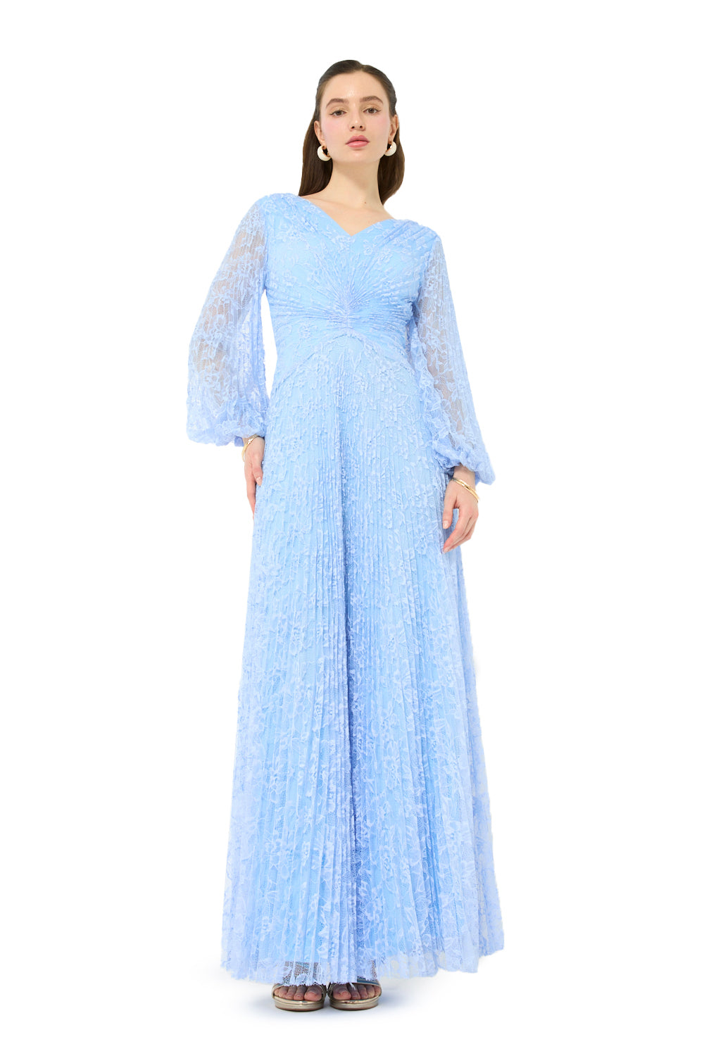 Twist Waist Pleated Lace Gown