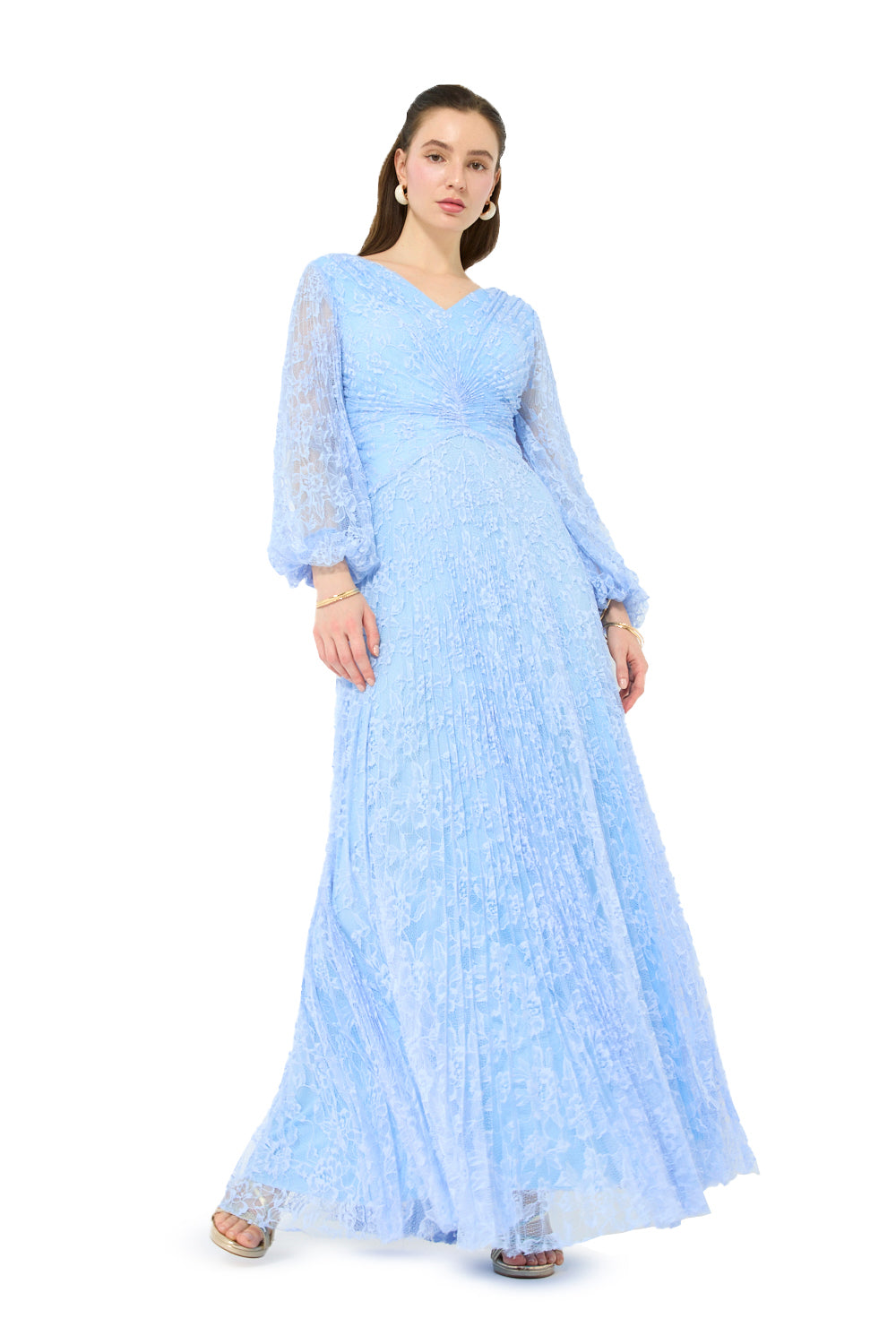Twist Waist Pleated Lace Gown