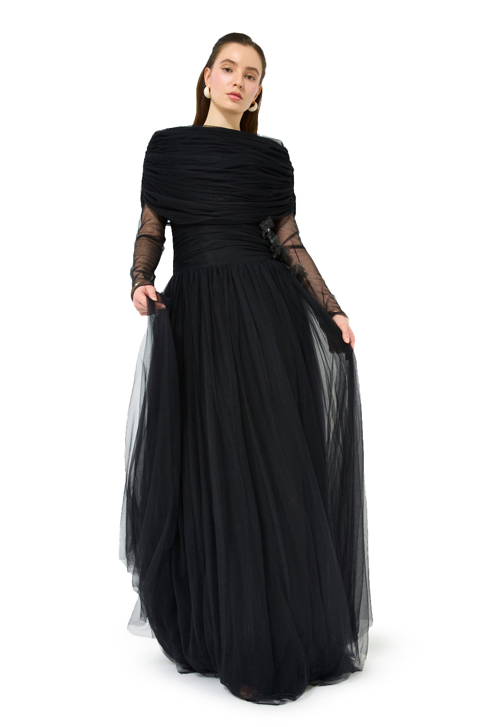 Off-Shoulder Draped Yoke Gown