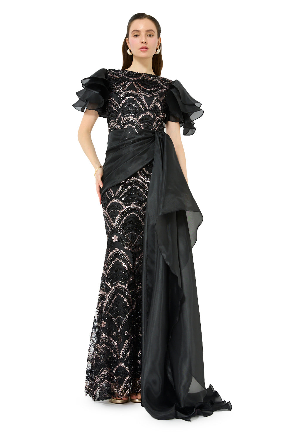 Layered Sleeve Drape Gown