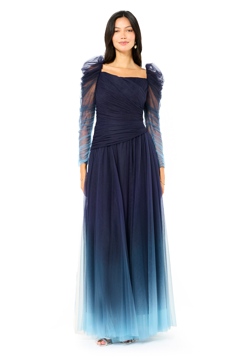 Ruched Ombre Tulle Evening Gown