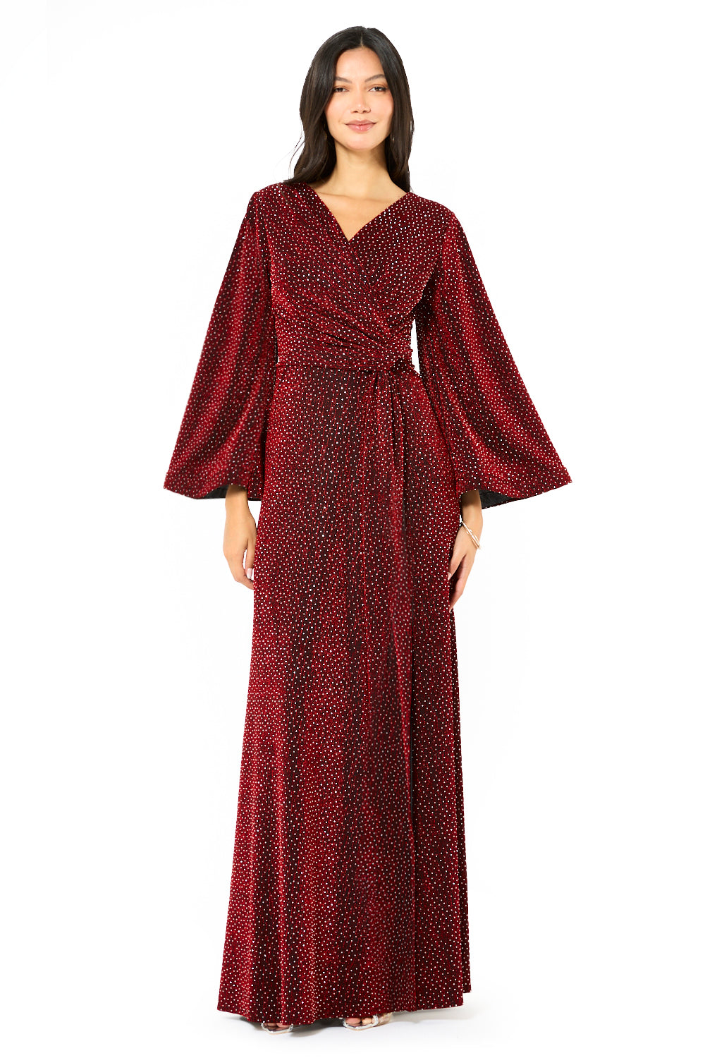 Shimmer Wrap Tie-Waist Evening Gown