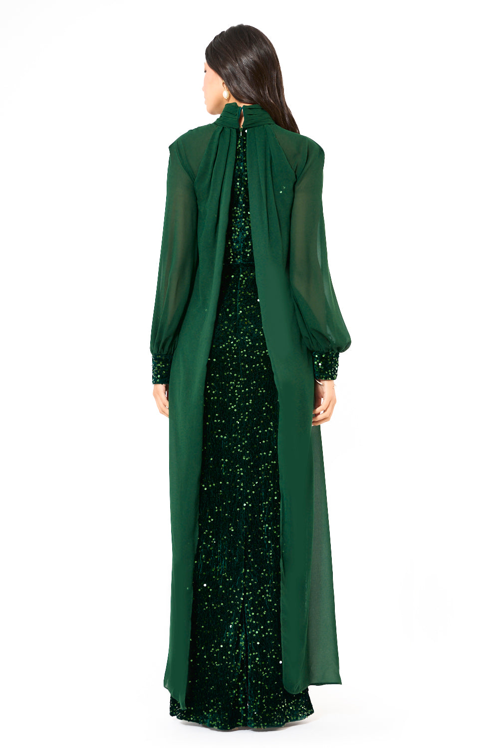 Sequin Column Gown With Sheer Overlay Cape